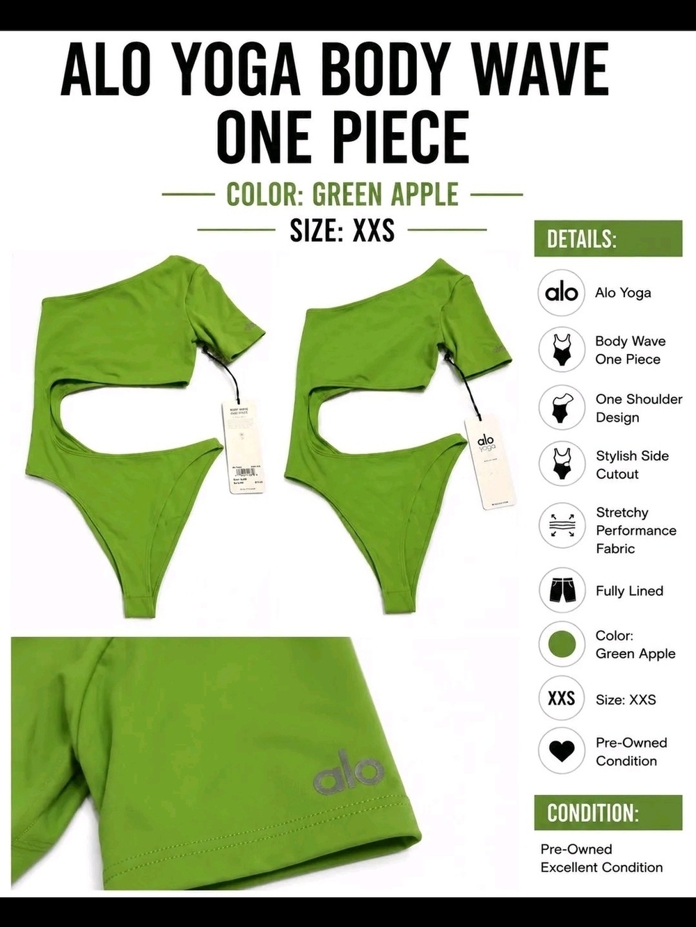 ALO Green Apple One-Shoulder Cutout One-Piece XXS NEW - Picture 2 of 2